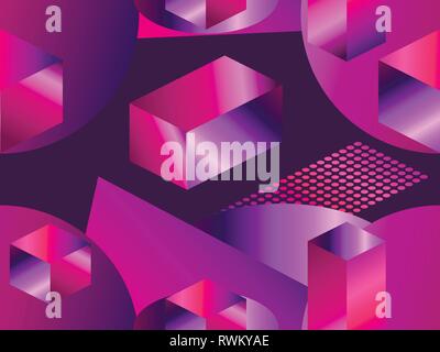 Geometric shapes in isometric style with gradient. Futuristic seamless pattern. Retrowave. Vector illustration Stock Vector