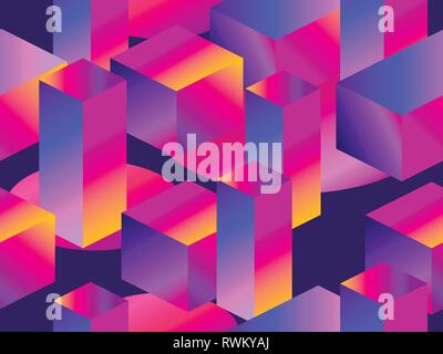 Geometric shapes in isometric style with gradient. Futuristic seamless pattern. Retrowave. Vector illustration Stock Vector