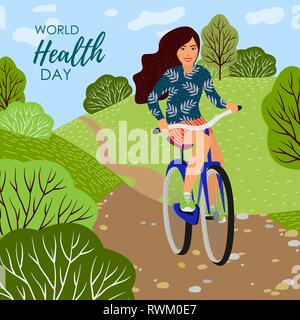 Healthy lifestyle. Vector illustration with girl on a bicycle and nature landscape Stock Vector