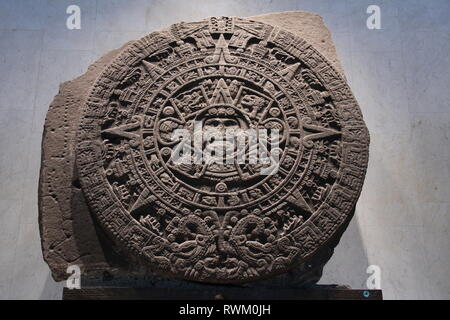 Piedra del Sol. Sun Stone displayed in the National Anthropology Museum of Mexico. Stock Photo