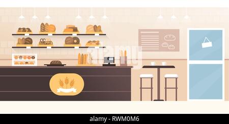 Bakery shop and cafeteria with fresh bread on display, shop interior Stock Vector