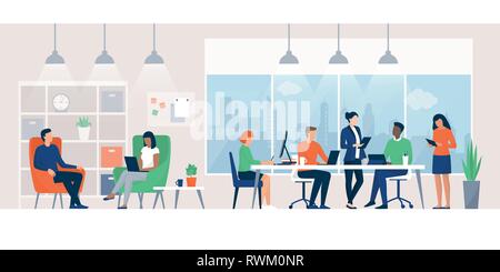 Business people working together in a coworking space, they are connecting with their computers and discussing a project, teamwork concept Stock Vector