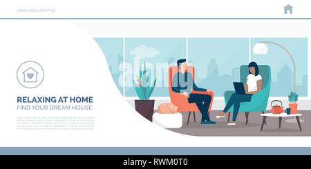 Couple relaxing at home sitting on the armchairs  in the living room, the woman is connecting with her laptop, lifestyle and interior design concept Stock Vector