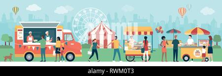 People and families at the street food festival in the city park, they are enjoying and eating delicious snacks, circus and panoramic wheel in the bac Stock Vector