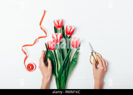 View from above female's hands holding golden scissors and bunch of red tulips on white wooden table. Flat lay composition of woman making bouquet of  Stock Photo