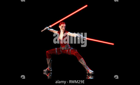 Redhead warrior girl with two sci-fi light swords, braided woman with futuristic saber weapon isolated on black background, 3D rendering Stock Photo