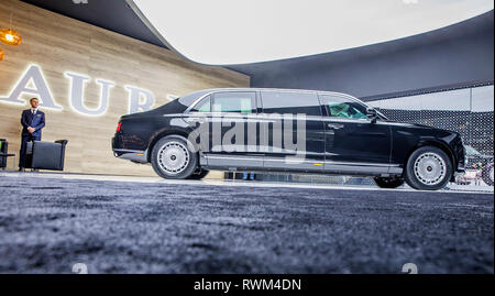 Aurus Senat, Russian luxury limousine, that carries also Russian President Vladimir Putin, was presented during the 2019 Geneva International Motor Sh Stock Photo