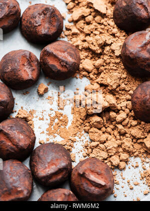 Chocolate truffles and cocoa powder Stock Photo