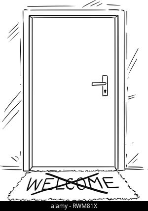 Cartoon Drawing Of Closed Door With Welcome Text On Mat Or Doormat