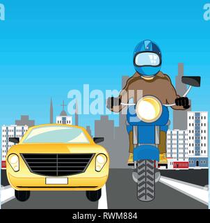 Vector illustration of the motorcycle and car moving on town road Stock Vector