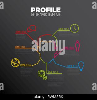 Vector Infographic profile / user template made from lines and icons with an avatar - dark version Stock Vector