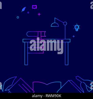 Writer's Desk, Workplace Vector Line Illustration. Writing, Authors, Education Gradient Icon, Symbol, Pictogram, Sign. Dark Blue Background. Stock Vector