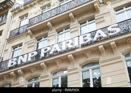 PARIS, FRANCE - JULY 22, 2017: Bnp Paribas sign on balcony in Paris, France. Stock Photo