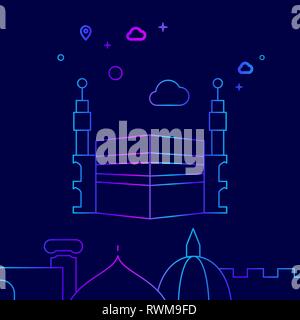 Kaaba, Mecca, Saudi Arabia Vector Line Illustration. Historical Landmarks Gradient Icon, Symbol, Pictogram, Sign. Dark Blue Background. Stock Vector