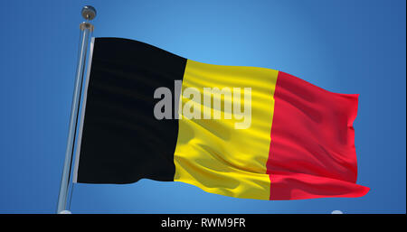 Fluttering silk flag of Belgium. Belgian official flag in the wind against clear blue sky. 3d render Stock Photo