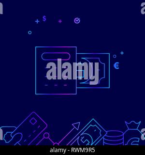 Budget, Money Calculator Vector Line Illustration. Money Related Gradient Icon, Symbol, Pictogram, Sign. Dark Blue Background. Stock Vector