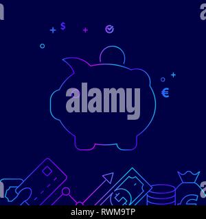 Piggy Bank Vector Line Illustration. Money Related Gradient Icon, Symbol, Pictogram, Sign. Dark Blue Background. Light Abstract Geometric Background. Stock Vector