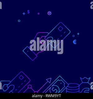 Hand Holding Bank Card Vector Line Illustration. Money Related Gradient Icon, Symbol, Pictogram, Sign. Dark Blue Background. Stock Vector