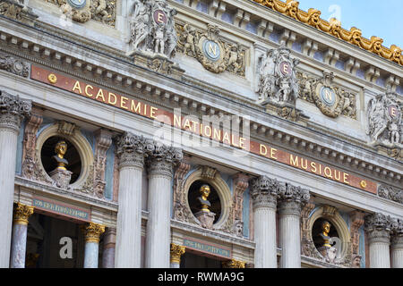 Opera Garnier facade, national music academy in a sunny summer day in France
