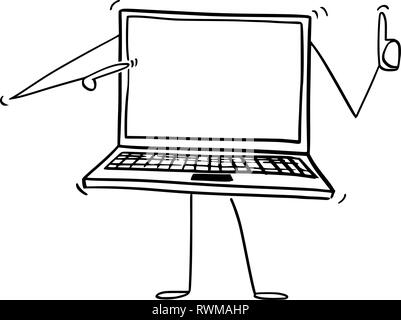 Cartoon of Laptop or Notebook Computer Character Pointing at Yourself and Showing Thumb Up Stock Vector
