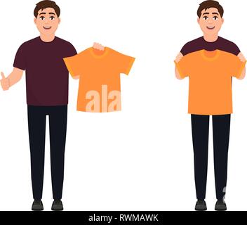 The guy holds an orange t-shirt, a cheerful man advertises clothes, a man shows t-shirts, a character in a cartoon style Stock Vector