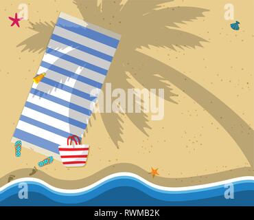 Top View of Exotic Empty Beach with Towel, Bag, Slippers and Foot Prints on Sand. Palm Tree Shadow on Ground Sea Stars, Seashells. Foamy Waves. Summer Stock Vector