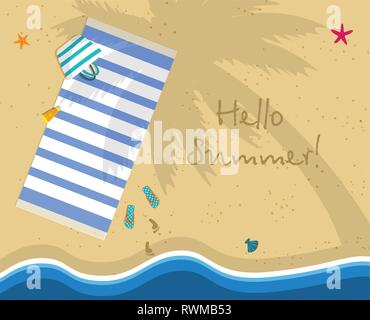 Hello Summer Square Banner. Top View of Sunny Beach From Above. Summertime Vacation Background. Towel Lying under Palm Tree. Footprints on Yellow Sand Stock Vector