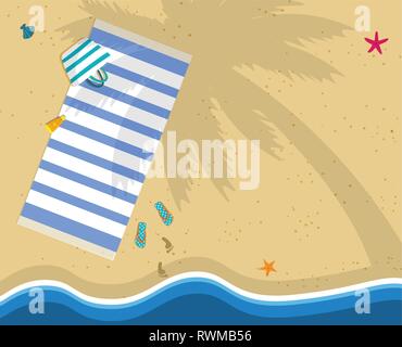 Summer Time Background with Copy Space. Top View of Sea Beach with Towel, Bag, Flip Flops and Footprints on Sand. Palm Tree Shadow on Seaside. Seashel Stock Vector