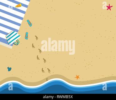 Sea Wave and Sand Beach Square Banner with Copy Space. Top View. Ocean Coast, Footprints. Travel Background. Summer Time Rest Concept. Tourist Seaside Stock Vector