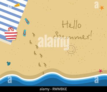 Hello Summer Square Banner. Top View of Sunny Beach. Summertime Vacation Background. Towel, Bag, Slippers. Footprints and Hand Drawn Sun on Gold Sand. Stock Vector