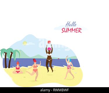 Hello Summer . Group of Young Happy Plus Size Women Playing and Relaxing Openair on Sea Side Landscape Background with Palm Trees, Blue Sky and Ship.  Stock Vector