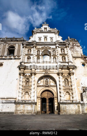 Church of San Fransisco el Grande on blue sky vertical with sunshine, Antigua, Guatemala Stock Photo