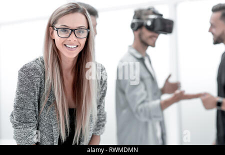 Business team of three people working on virtual reality applications and games Stock Photo
