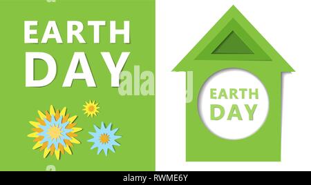 Earth day concept. 22 April. Paper cut design with flowers and green house Stock Vector