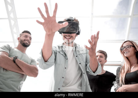 Indoors close up shot of men wearing virtual reality glasses Stock Photo