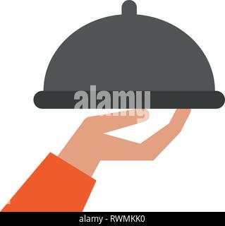 restaurant hand holding dish dome Stock Vector