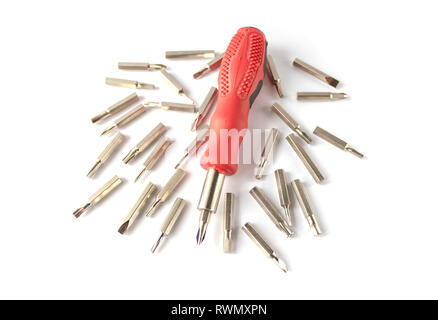 A set of bits for screwdrivers on a white background. A set of bits for repair and electronics. Stock Photo