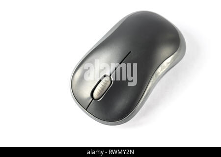 Wireless black computer mouse close-up, on a white background. Stock Photo