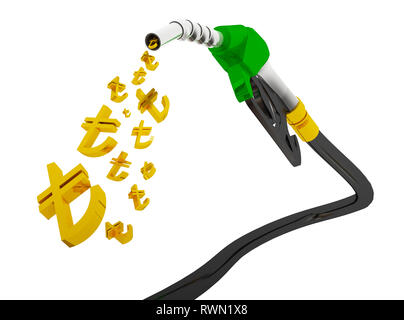 nozzle pumping gasoline in a tank, of fuel nozzle pouring gasoline over white background, nozzle pumping a gasoline fuel liquid in a tank of oil indus Stock Photo