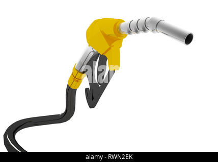 nozzle pumping gasoline in a tank, of fuel nozzle pouring gasoline over white background, nozzle pumping a gasoline fuel liquid in a tank of oil indus Stock Photo