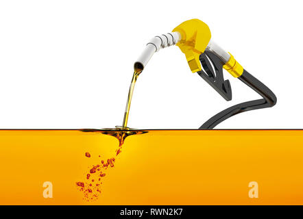 nozzle pumping gasoline in a tank, of fuel nozzle pouring gasoline over white background, nozzle pumping a gasoline fuel liquid in a tank of oil indus Stock Photo