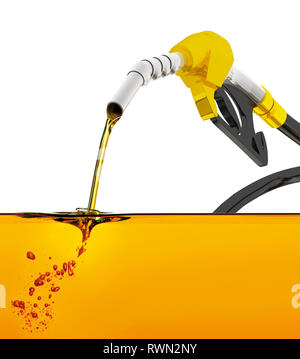 nozzle pumping gasoline in a tank, of fuel nozzle pouring gasoline over white background, nozzle pumping a gasoline fuel liquid in a tank of oil indus Stock Photo