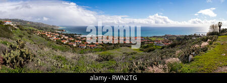 Panorama of Southern California coastline with rolling hills covered with beautiful homes and stunning views of the ocean, Rancho Palos Verdes, Califo Stock Photo