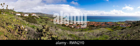 Panorama of Southern California coastline with rolling hills covered with beautiful homes and stunning views of the ocean, Rancho Palos Verdes, Califo Stock Photo