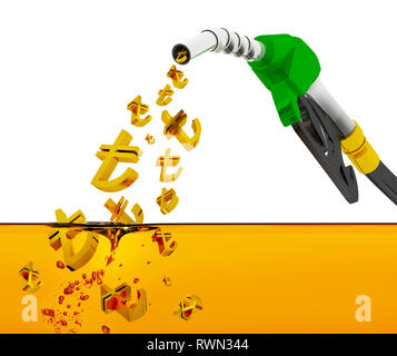 nozzle pumping gasoline in a tank, of fuel nozzle pouring gasoline over white background, nozzle pumping a gasoline fuel liquid in a tank of oil indus Stock Photo