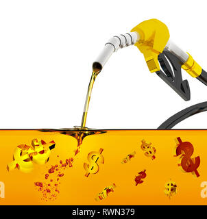 nozzle pumping gasoline in a tank, of fuel nozzle pouring gasoline over white background, nozzle pumping a gasoline fuel liquid in a tank of oil indus Stock Photo