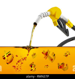 nozzle pumping gasoline in a tank, of fuel nozzle pouring gasoline over white background, nozzle pumping a gasoline fuel liquid in a tank of oil indus Stock Photo