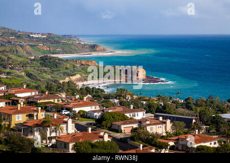 Colorful Southern California coastline with rolling hills covered with beautiful homes and stunning views of the ocean, Rancho Palos Verdes, Californi Stock Photo