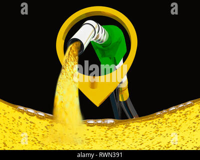 nozzle pumping gasoline in a tank, of fuel nozzle pouring gasoline over white background, nozzle pumping a gasoline fuel liquid in a tank of oil indus Stock Photo