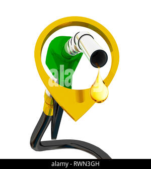 nozzle pumping gasoline in a tank, of fuel nozzle pouring gasoline over white background, nozzle pumping a gasoline fuel liquid in a tank of oil indus Stock Photo